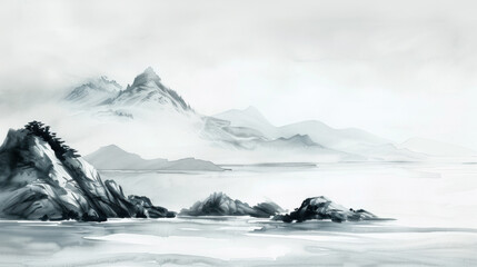 Obraz premium Watercolor landscape. Chinese style classical traditional ink painting sumi-e
