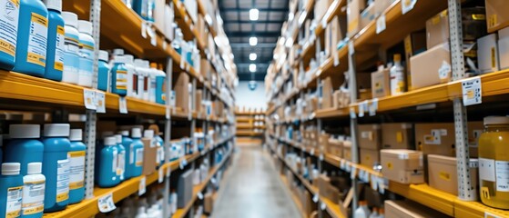 Warehouse aisle with stocked shelves filled with various supplies, boxes, and items. Organized storage in a large industrial facility.