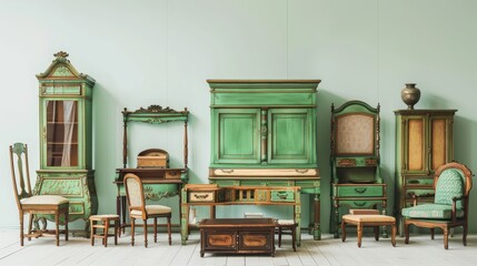Fototapeta premium Vintage wooden furniture set in green and white on blank backdrop