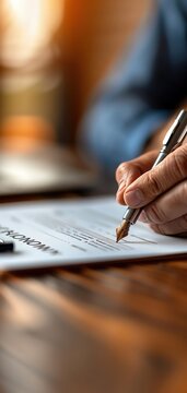 Close-up of a person writing with a fountain pen on a document at a wooden table, focused on the hand and pen, with warm lighting in the background.