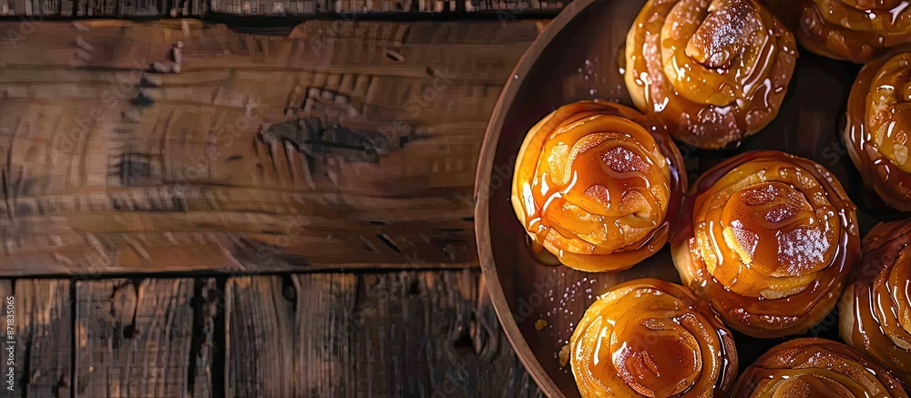 Poster close-up horizontal image of homemade pumpkin cinnabons drizzled with cane sugar caramel on a dark w