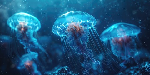 Glowing jellyfish in the sea.