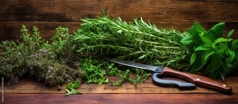 Poster Herbs freshly cut with scissors on a wooden backdrop with ample copy space image.