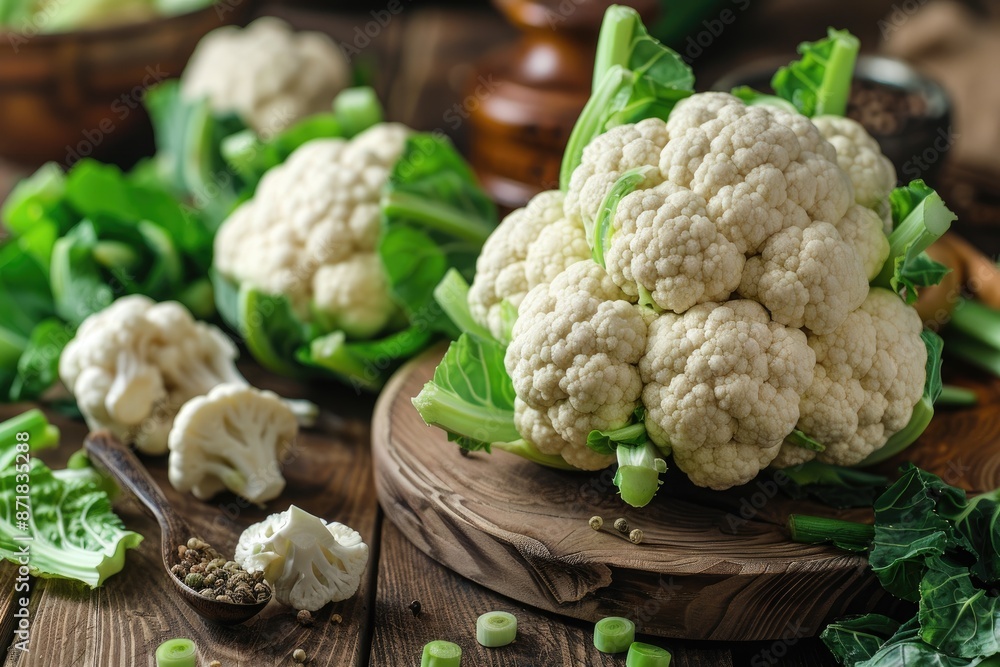 Wall mural Fresh raw cauliflower on wooden table.