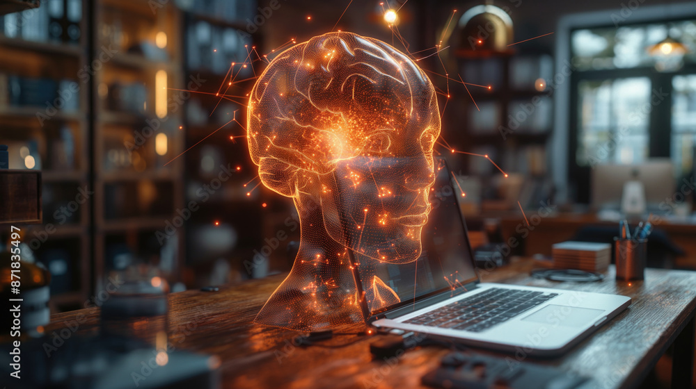 Poster futuristic digital brain model with glowing connections over a laptop in a modern office space. arti