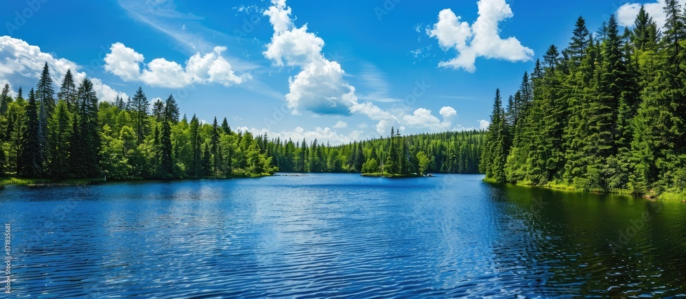 Aufkleber scenic view of a lake with a backdrop of a pine forest, ideal for a copy space image.
