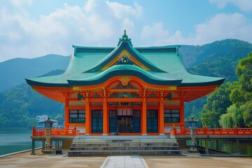 Obraz premium Traditional Japanese temple with colorful roof design.