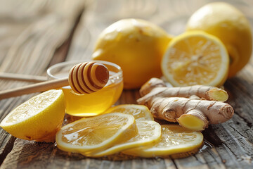 Natural Immunity Boosters with Honey - Lemon - and Ginger on Wood  
