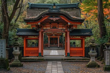 Fototapeta premium Traditional Japanese temple with colorful roof design.