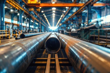 Fototapeta premium Steel pipes inside the factory or warehouse. Industrial production