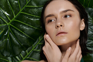 A close-up portrait of a woman with her hands resting gently on her face.