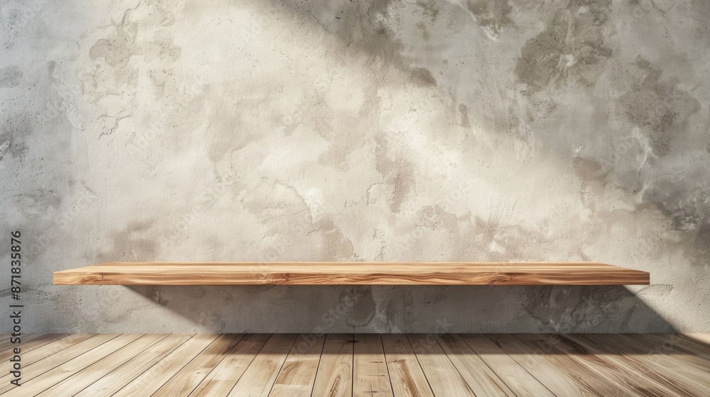 Poster wall mounted shelf in a showroom with wooden floor background for product display and text placement