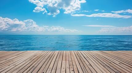 A view of the ocean from a wooden pier, with space for text in the water and sky.