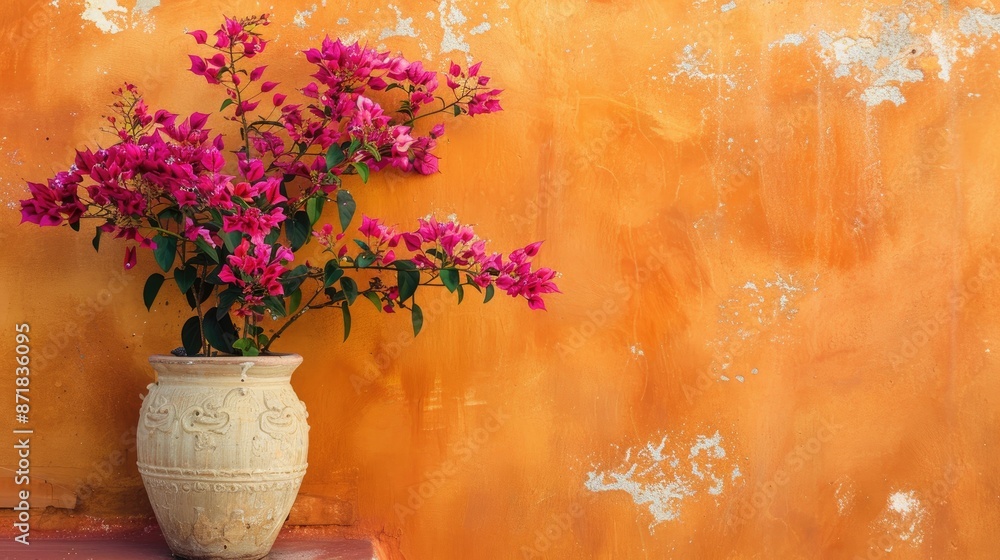 Wall mural bougainvillea plant in terracotta pot on rustic orange wall in cafe oia santorini