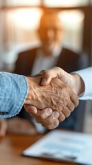 Close-up of two hands shaking hands in agreement, with another person in the blurred background, signaling a successful business deal.