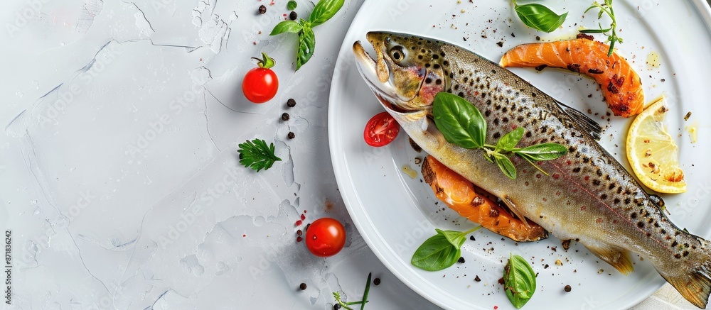 Poster Baked trout with a side of garnish and a blank copy space image.