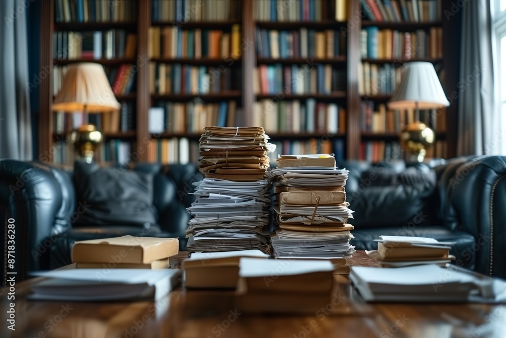 Poster stacks of paper documents on a table in a library