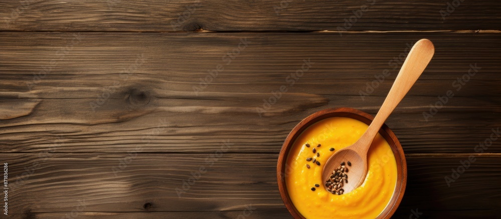 Aufkleber top-down shot of pumpkin soup in a bowl with a spoon on a wooden backdrop, featuring abundant copy s