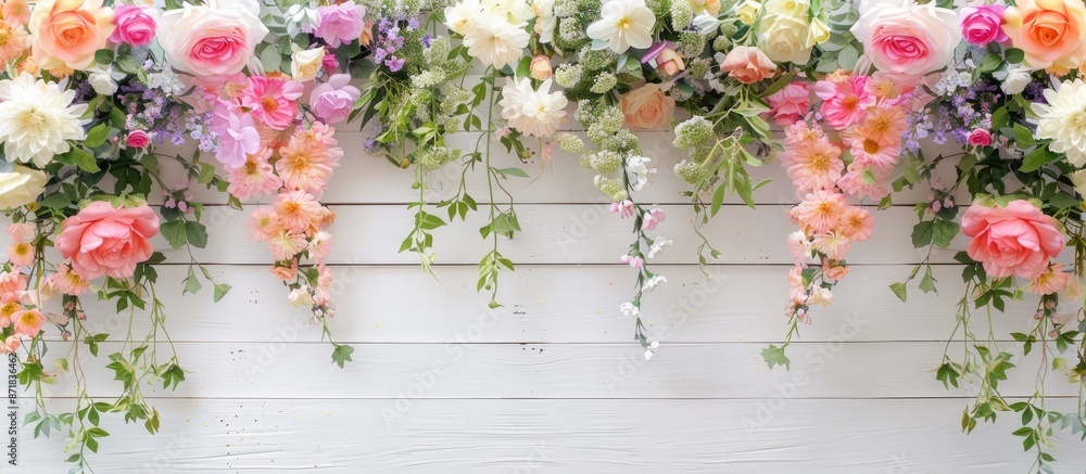 Poster create a floral decoration on a white wooden table with a background of flowers, ideal for your copy