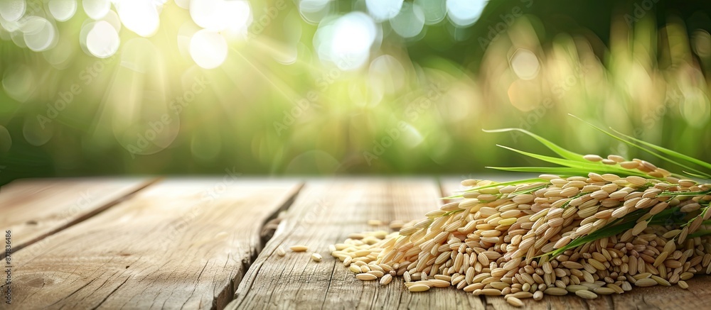 Poster selective focus with blurred background on a wooden table featuring rice and paddy, with space avail