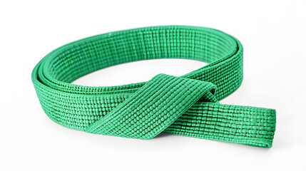 Green karate belt isolated on white. Martial arts uniform
