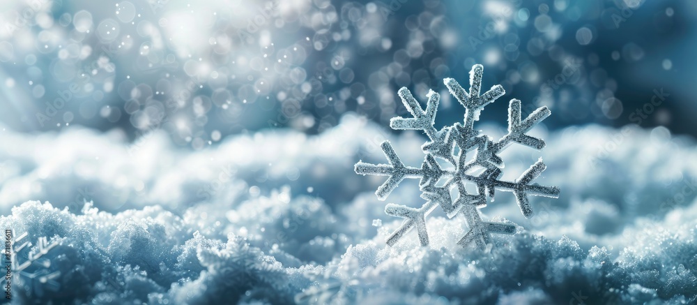 Poster snowfall depicted with a snowflake ornament in a snowy setting, with copy space image.