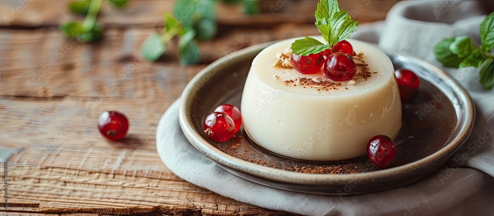 Poster delicious vanilla pudding on a plate on a wooden table with copy space image.