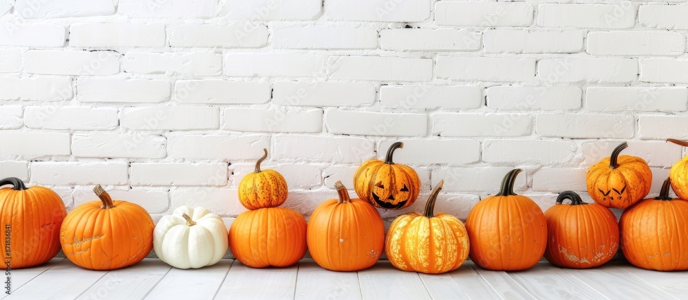 Poster pumpkins with a white brick wall as a backdrop creating a copy space image.