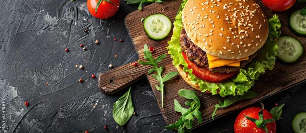 Poster a homemade hamburger topped with lettuce, tomato, cheese, and cucumber displayed on a cutting board 