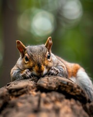 Obraz premium Close-up of an adorable squirrel resting on a tree in a forest, showcasing its curious and playful nature.