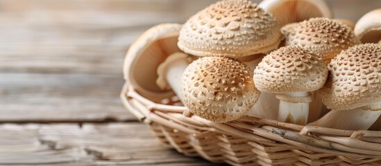 Nameko mushrooms placed on a bamboo basket with a surrounding copy space image.