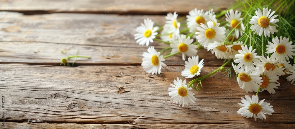 Aufkleber view from the top of a wooden table with a bouquet of chamomile flowers, featuring selective focus a