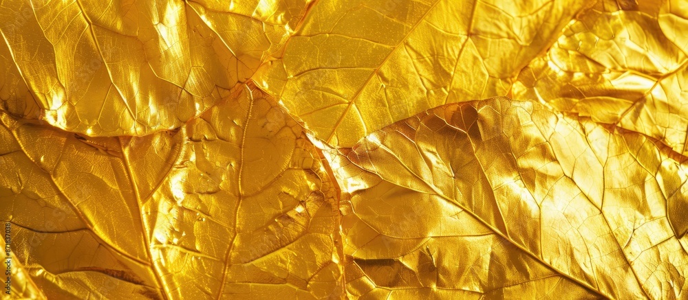 Poster background featuring a shiny yellow leaf gold foil texture with copy space image.