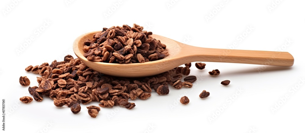 Poster a wooden spoon holds chocolate granola cereal with nuts, displayed against a white background, creat