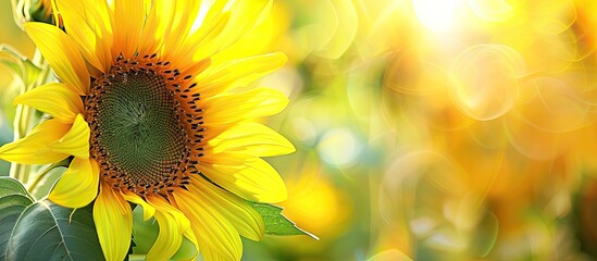 Fototapeta premium Close-up of a blooming sunflower in a field, creating a natural summertime agricultural background with selective focus and copy space image.