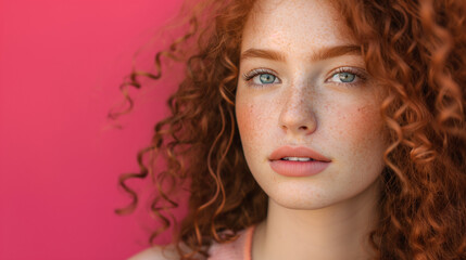 Naklejka premium A young red head girl with curly hair and freckles on the bright pink background