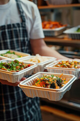 Obraz premium Diverse takeaway food containers carried by delivery person
