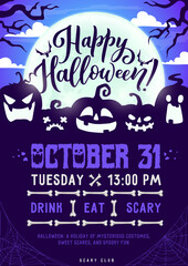 Halloween party flyer. Fall season witchcraft holiday, Happy Halloween festive event or party vector poster with pumpkin Jack o Lantern scary faces, full moon and human bones, night sky, dry trees