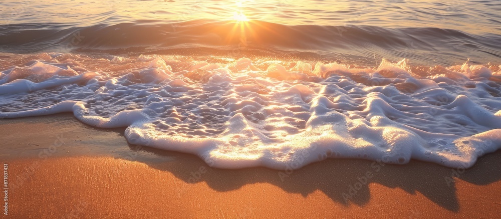 Aufkleber sunset or dawn at the beach with waves over hot sand offers a serene summer backdrop with room for t