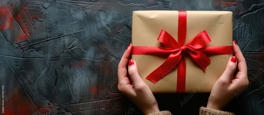 Leinwandbilder hands cradling a gift box wrapped in craft paper and tied with a red ribbon, against a background su
