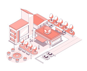 Street with boutiques and shops - vector isometric illustration. Shopping center, mall, buyer with grocery cart, goods warehouse with shipping trucks, parking spots, fountain and park area with trees