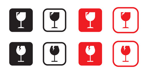 Fragile label vector symbols set. Broken glass black vector icons for packaging, collection for stamp or template, Vector illustration