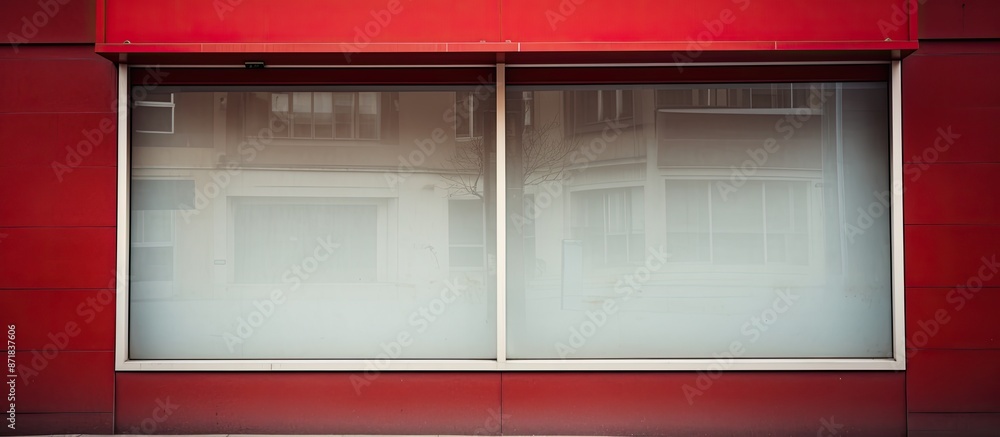 Poster a red sign with empty space hanging on a storefront window, ideal for adding text in the copy space 