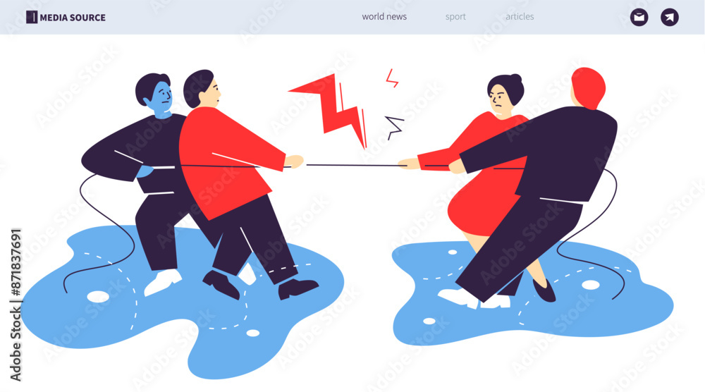 Poster rope pulling - colorful flat design style illustration with linear elements. composition with two te