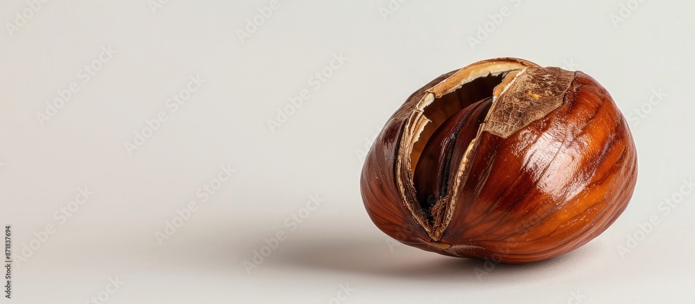 Poster A chestnut with an open shell in a close-up shot, set against a white background for a copy space image.