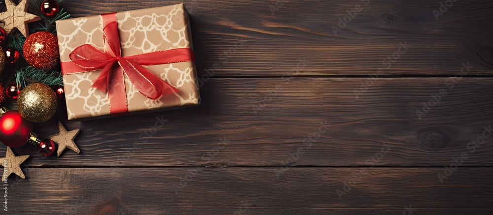 Poster homemade christmas and new year gift boxes with decorations on wooden background for festive holiday