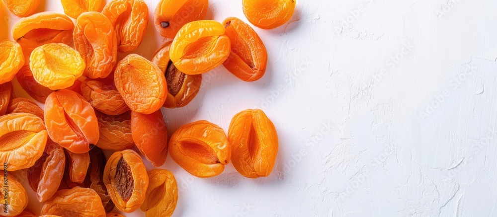 Poster Top-down view of rich dark dried apricots on a white backdrop with copy space image.