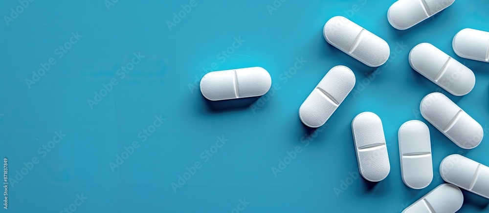 Poster top-down macro view of several white medical pills on a blue backdrop, providing ample copy space fo