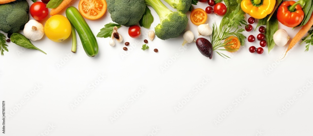 Poster Top view of a white background with a frame of organic fresh vegetables allowing space for text or images