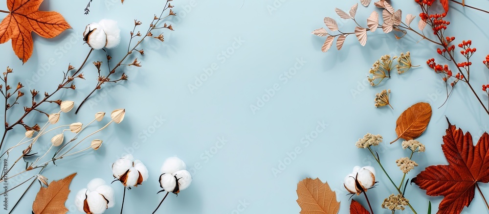 Poster Autumn-themed arrangement with cotton flowers and dried leaves on a light blue backdrop for fall concept. Flat lay style with top view and copy space image.